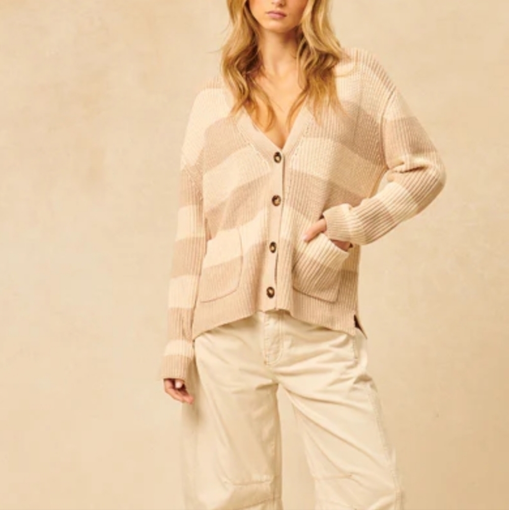 John + Jenn Mckay Striped Cotton Kniy Cardigan Cafe Au Lait Neutral Size Large